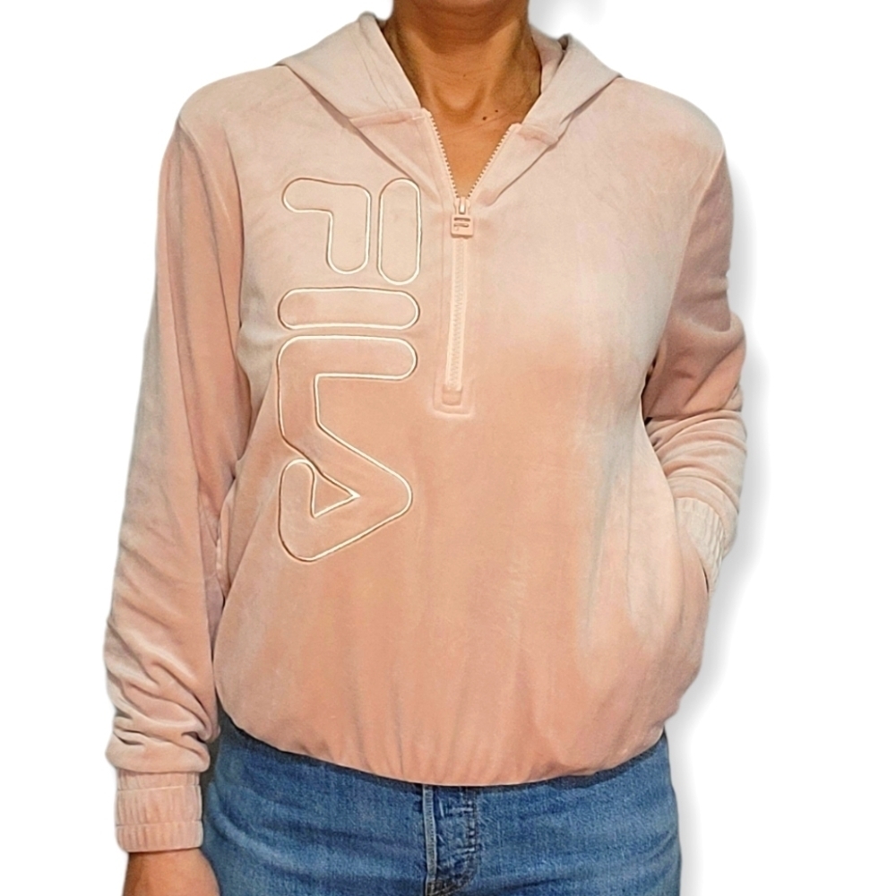 Fila Velour Pullover Hoodie Size Small Pink Side Pockets